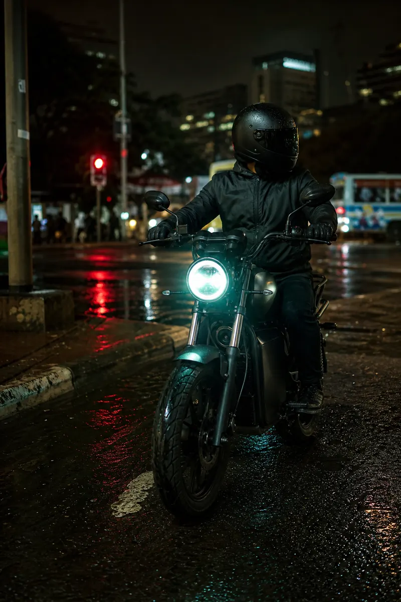 Electric boda-boda rider on a wet Nairobi street at night