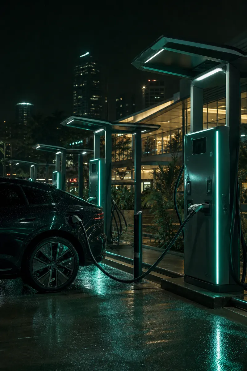 Nighttime EV charging plaza with mint-lit chargers