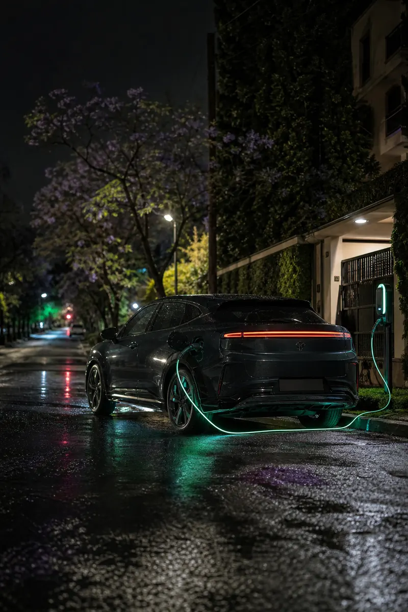 Electric crossover charging on a Nairobi street at night