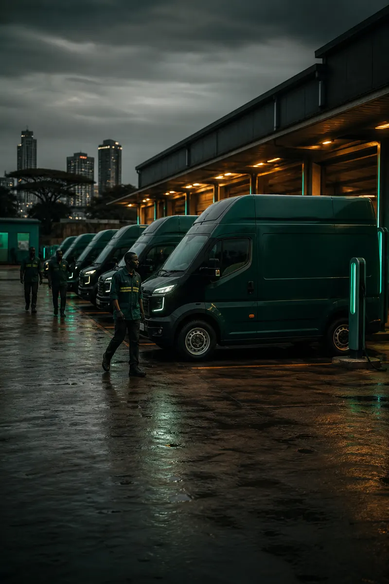 Electric delivery vans charging at a Nairobi depot