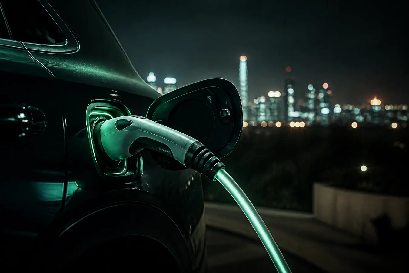 Charging cable locked into an EV port against a city night skyline