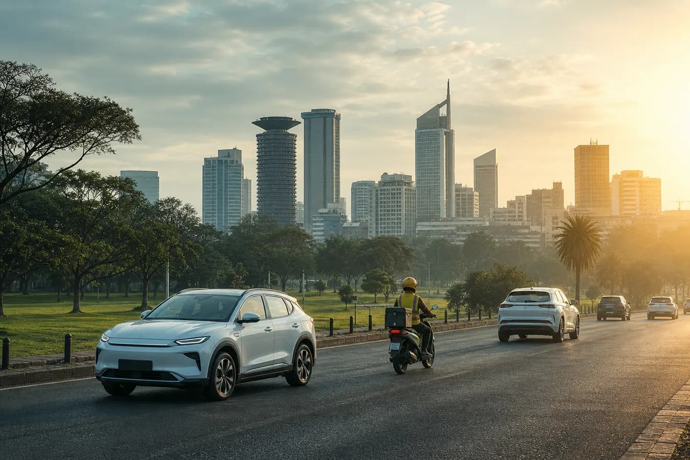 Nairobi skyline at dawn with electric vehicles on the road